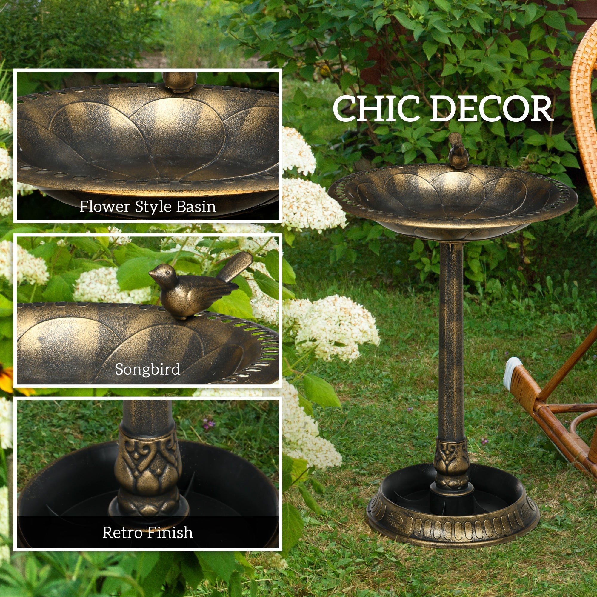72cm Tall Antique Bird Bath for Garden, Vintage Style Birdbath with Bird Decoration and Flower Planter Base, Bird Bath Bowl for Outdoor, Bronze Tone